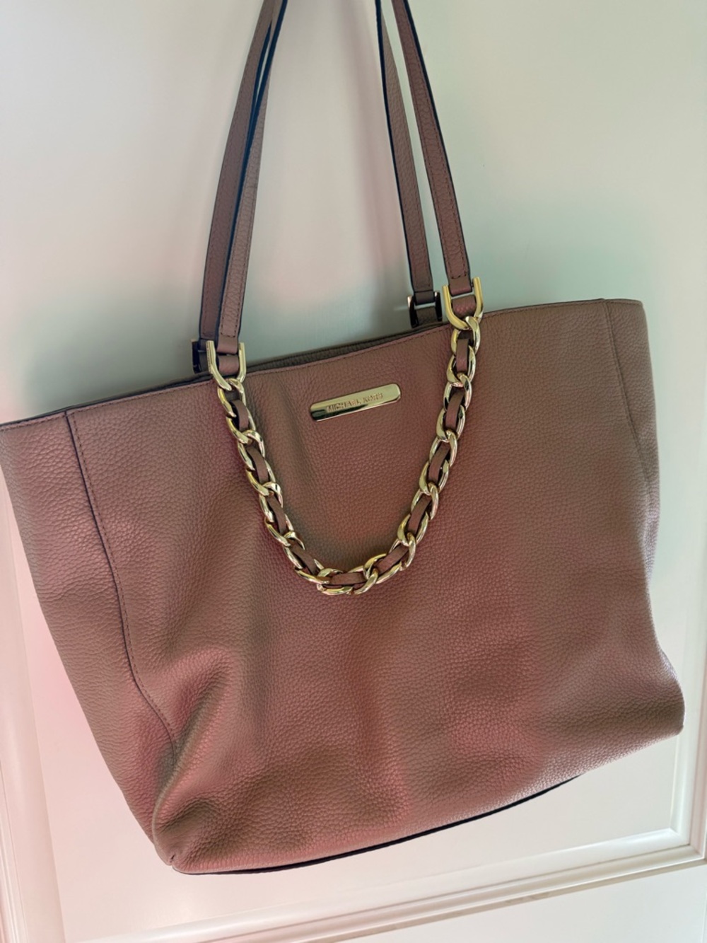 Michael Kors Leather Tote Chain Strap Taupe Large Slouchy Shoulder Bag